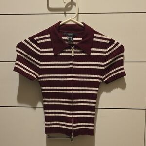 ♥︎ Forever 21 Ribbed Zip Polo ♡ Maroon And White Stripes ♥︎ Preppy Retro Y2K
